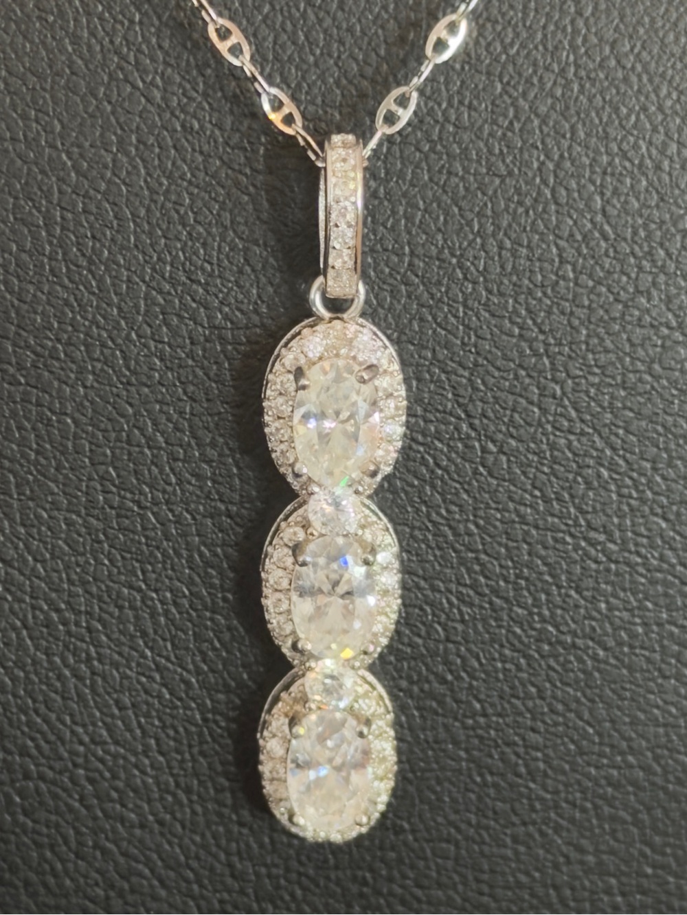 3-Stone Moissanite Halo Pendant Necklace in Sterling Silver